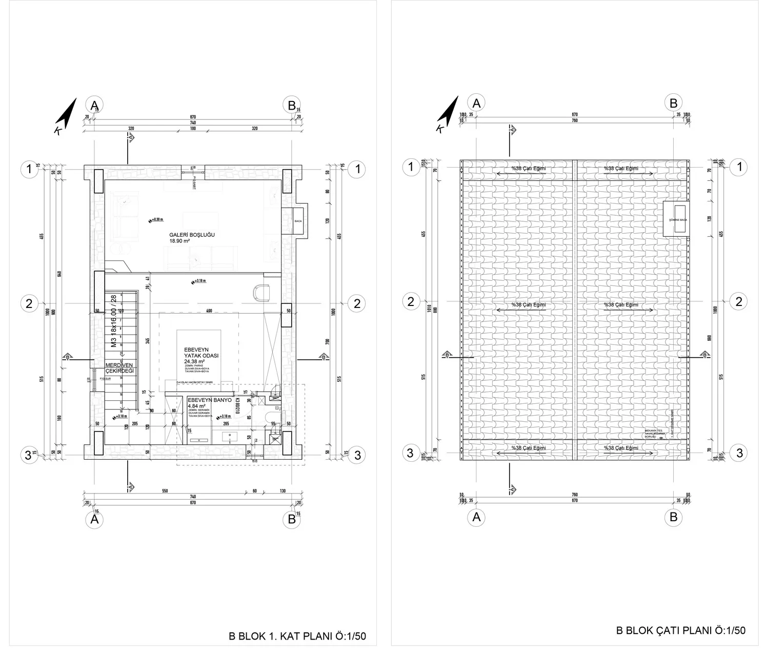 Block B 1st floor and roof plans.