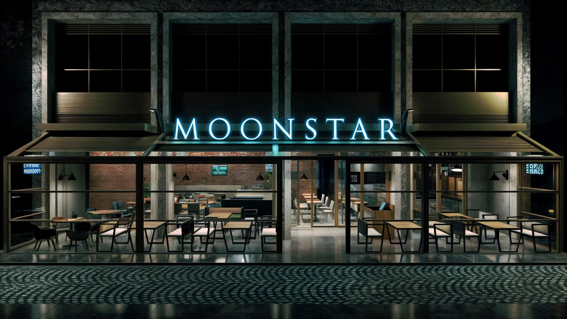 المنظر من الشارع. تم التأكيد على شعار الشركة بشكل نظيف.