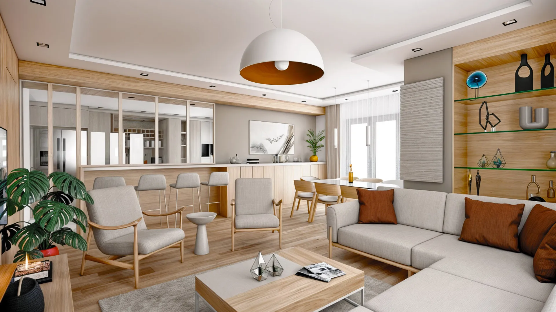 في هذا التصميم حيث تهيمن درجات الخشب والكريم، كان الهدف هو خلق أجواء دافئة وجذابة في منطقة المعيشة.