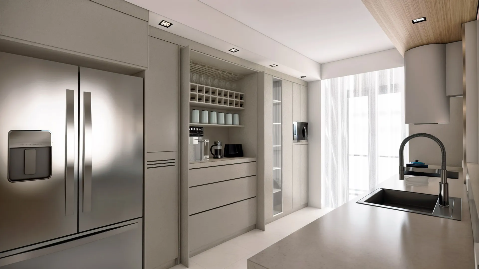 داخل المطبخ، تم تصميم منطقة خدمة المشروبات بأغطية قابلة للطي.