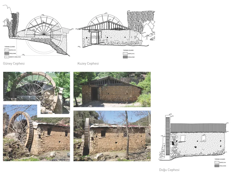 Su değirmeninin restorasyon uygulaması öncesinde çekilmiş fotoğrafları ve cephe çizimleri.